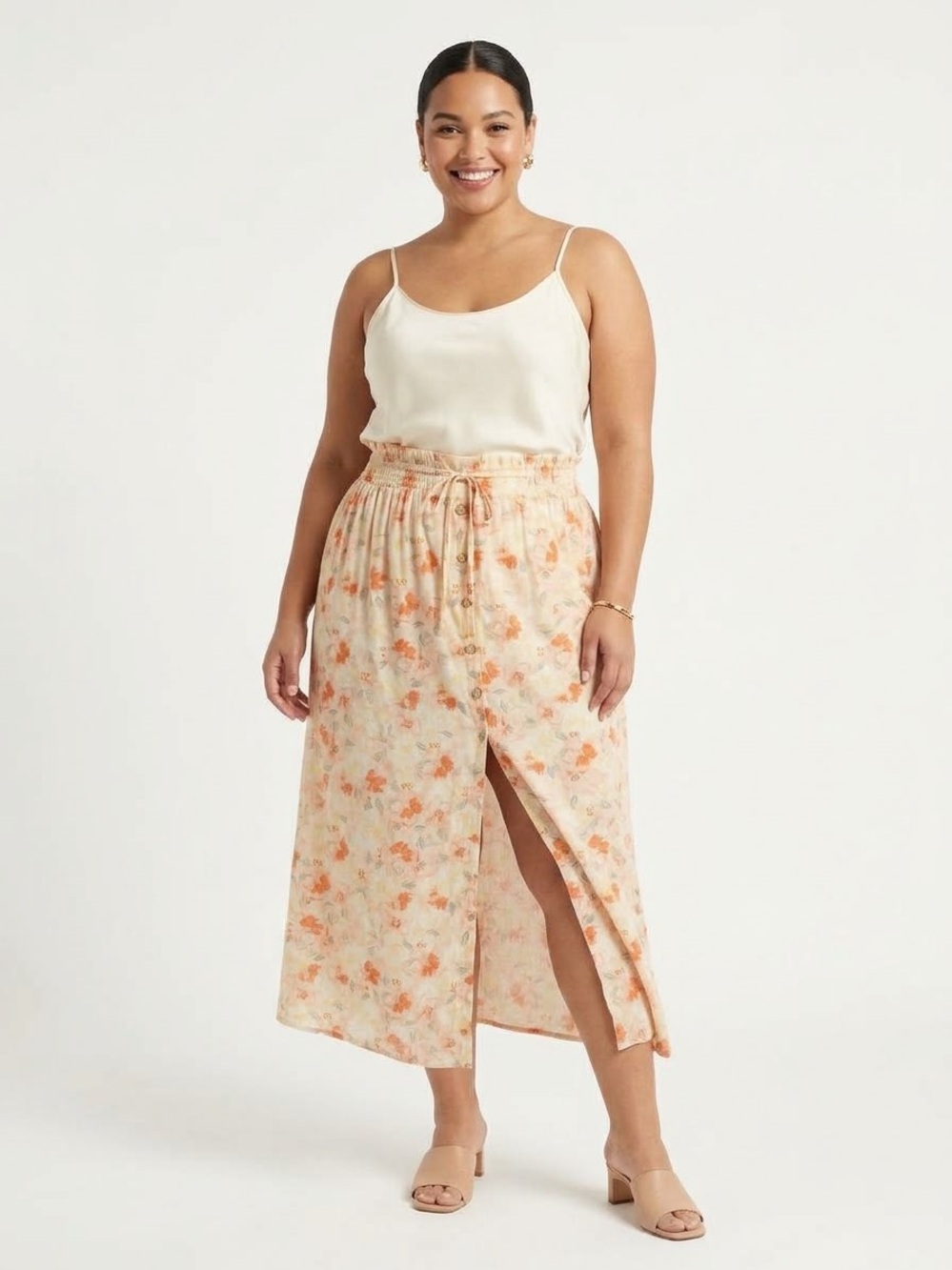AB Studio Floral Button-Front Maxi Skirt 3X Rayon Linen Blend High Slit Smocked